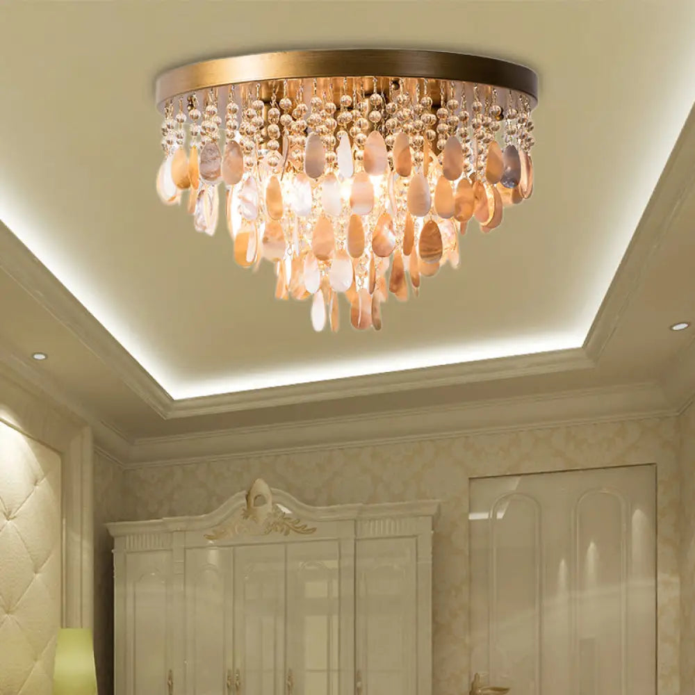 Modern Shell Tiered Flush Mount Light With Crystal Bead - Brass Finish | 6/9 Lights 16’/19.5’ W