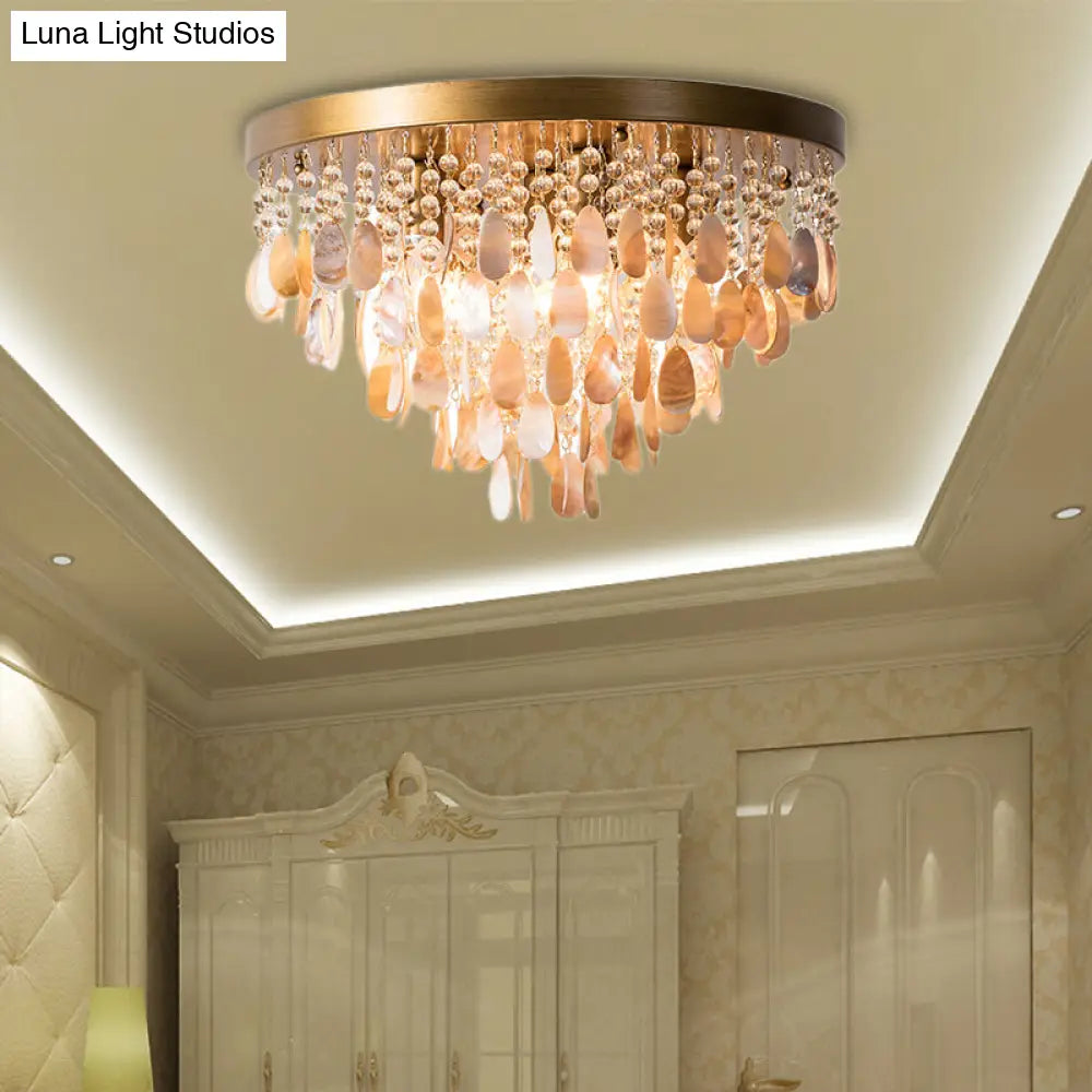 Modern Shell Tiered Flush Mount Light With Crystal Bead - Brass Finish | 6/9 Lights 16/19.5 W