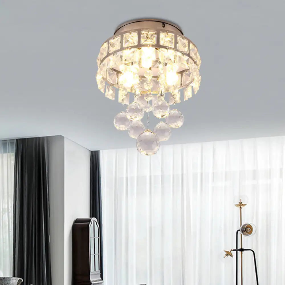 Modern Silver 3 - Light Flush Mount Lamp With Clear Crystal Ball - Stylish Ceiling Lighting