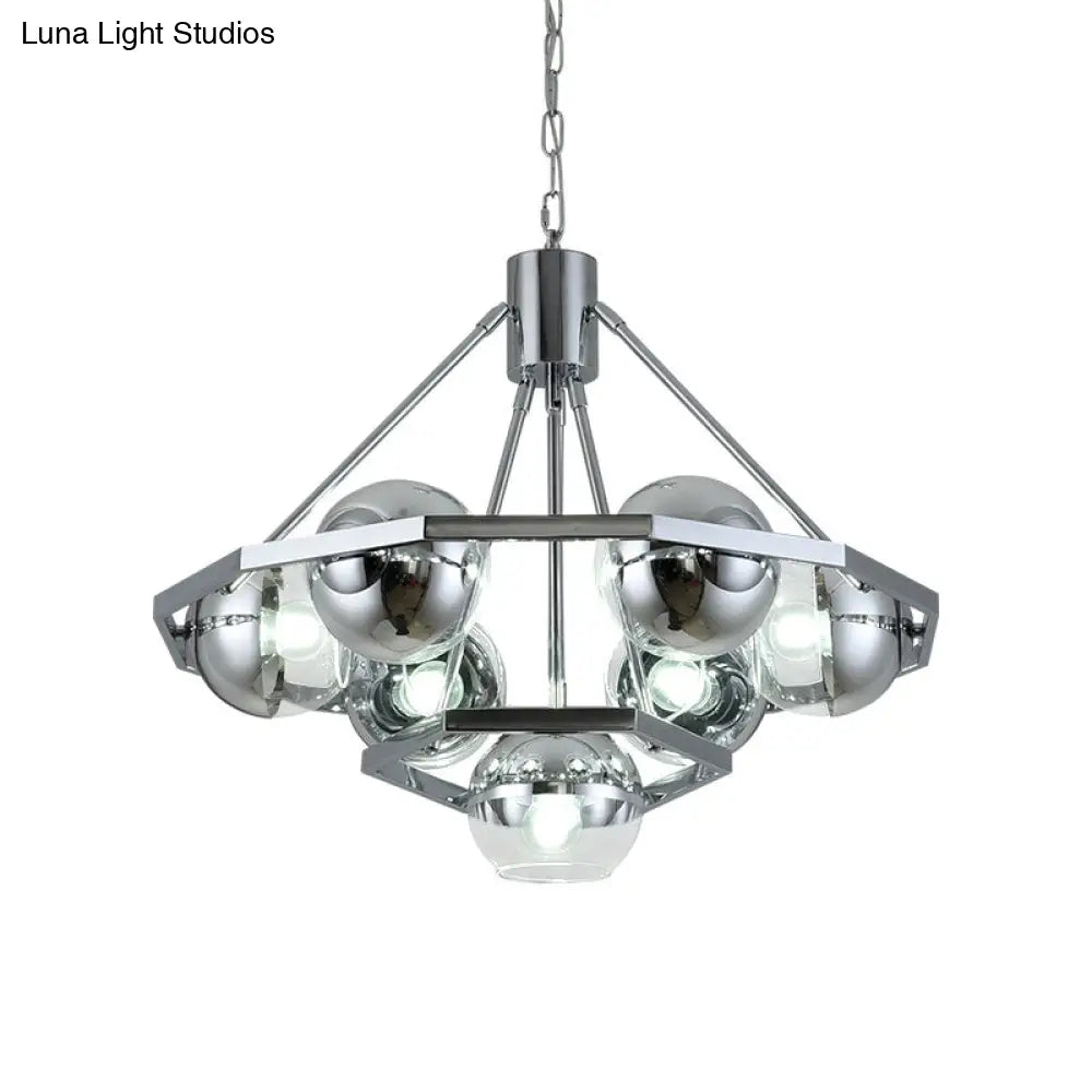 Modern Silver 7-Bulb Living Room Chandelier - 2-Layer Ball Clear Glass Shade Ceiling Hanging Light