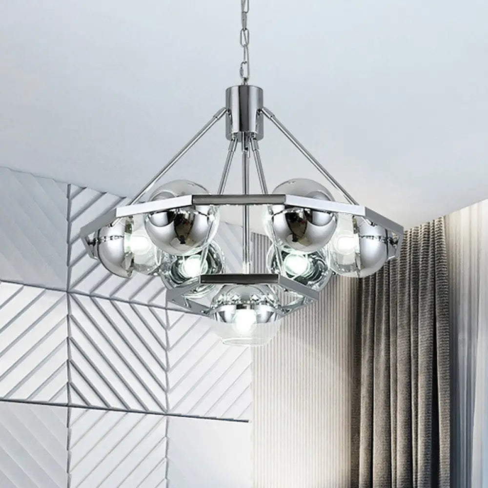 Modern Silver 7-Bulb Living Room Chandelier - 2-Layer Ball Clear Glass Shade Ceiling Hanging Light