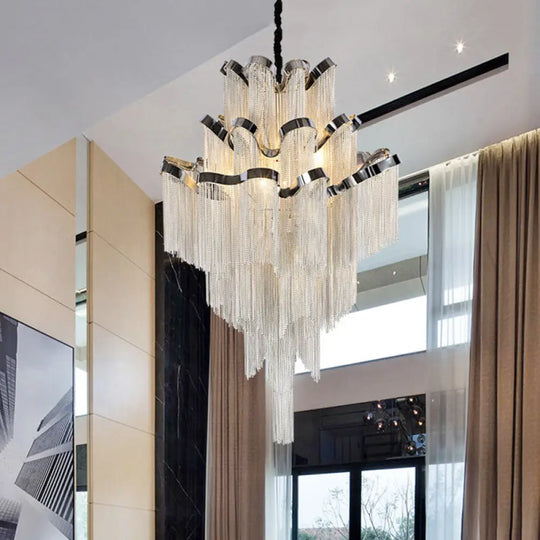 Modern Silver Chandelier Light Fixture - Multi-Tiered Hanging With Tassel For Living Room 7/8 Lights