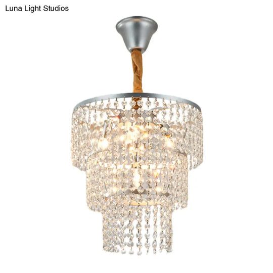 Modern 4-Light Bedroom Suspension Chandelier - Silver Finish With 3-Tier Crystal Strand Shade