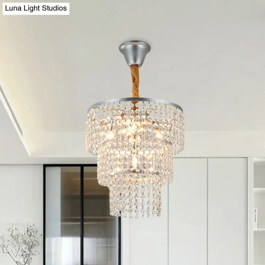 Modern 4-Light Bedroom Suspension Chandelier - Silver Finish With 3-Tier Crystal Strand Shade