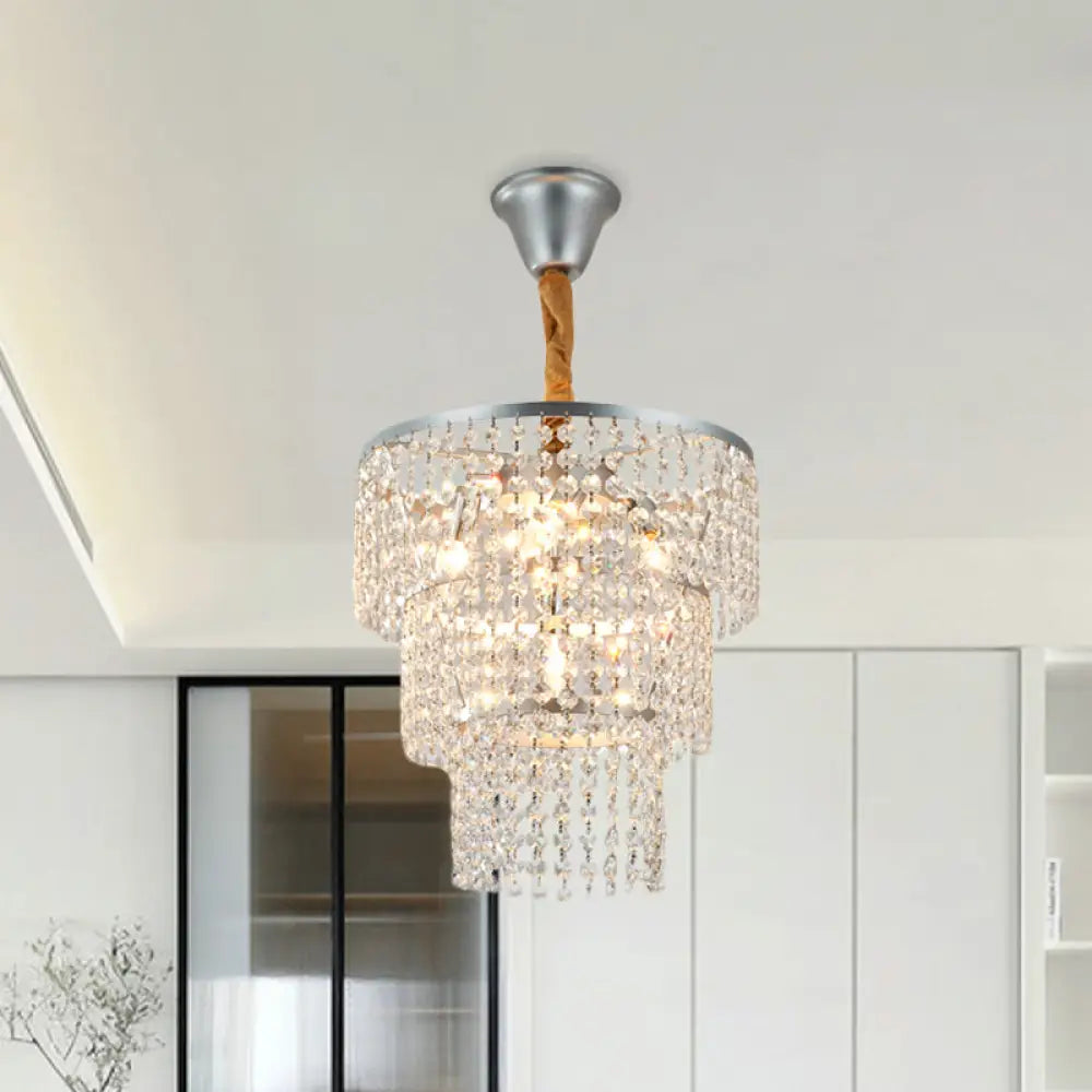 Modern Silver Chandelier With 3-Tier Crystal Strand Shade - Bedroom Suspension Light 4 Lights