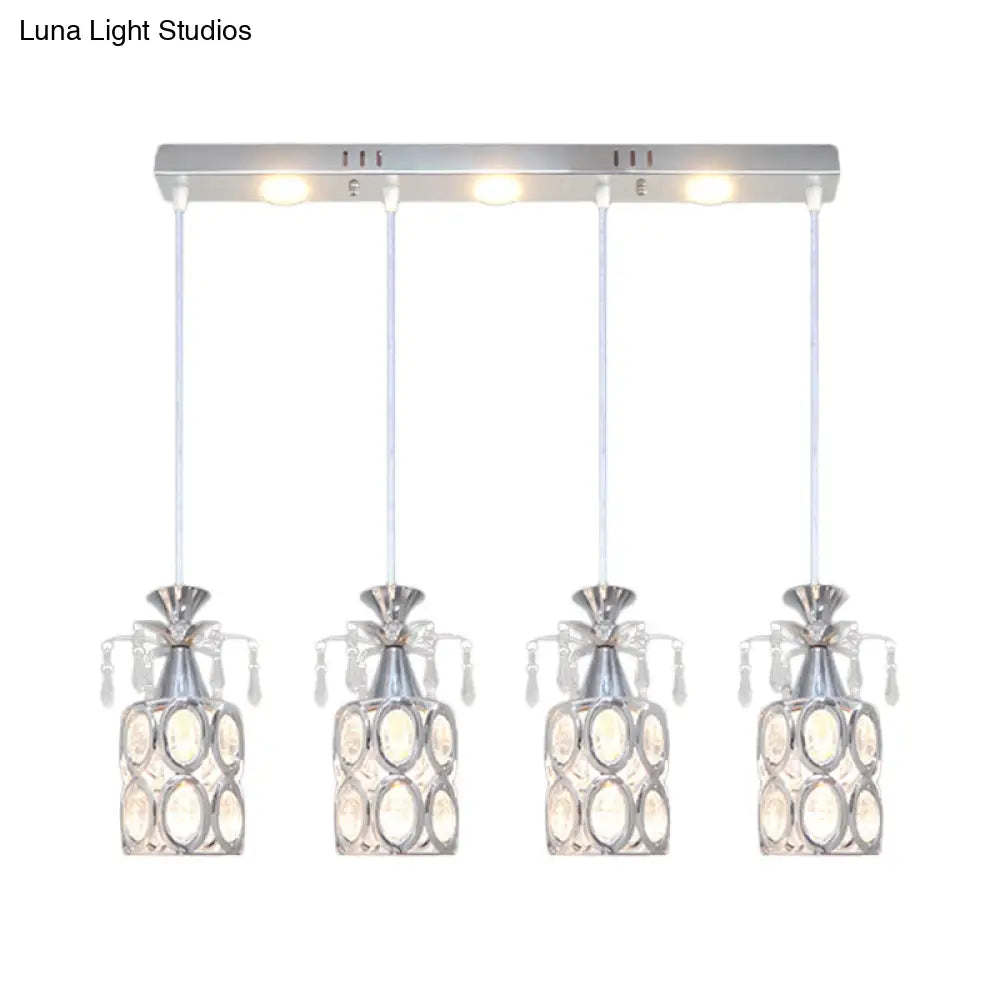 Modern Silver Finish Cluster Light Pendant With Crystal Block Suspension - 4 Bulb Cylindrical Lamp