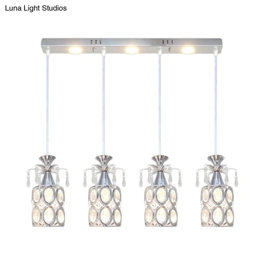 Modern Silver Finish Cluster Light Pendant With Crystal Block Suspension - 4 Bulb Cylindrical Lamp