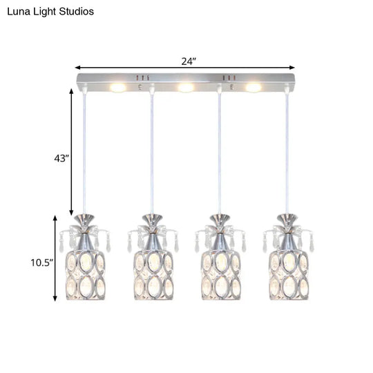 Modern Silver Finish Cluster Light Pendant With Crystal Block Suspension - 4 Bulb Cylindrical Lamp