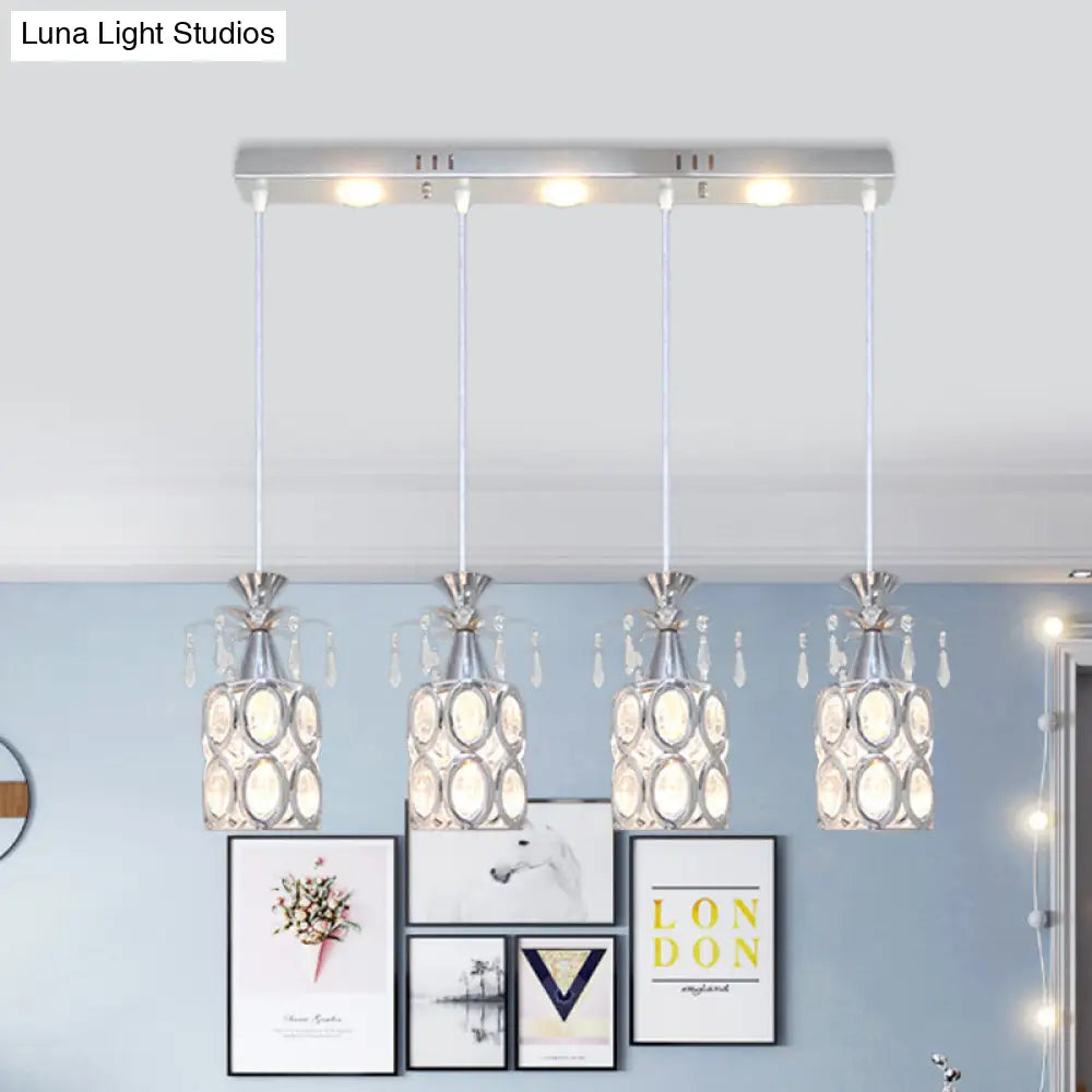 Modern Silver Finish Cluster Light Pendant With Crystal Block Suspension - 4 Bulb Cylindrical Lamp