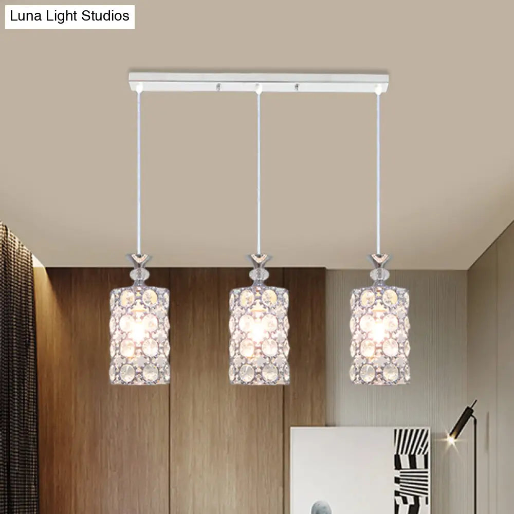 Modern Silver Cluster Pendant With Crystal Encrusted Shade - 3 Lights Restaurant Ceiling Lamp