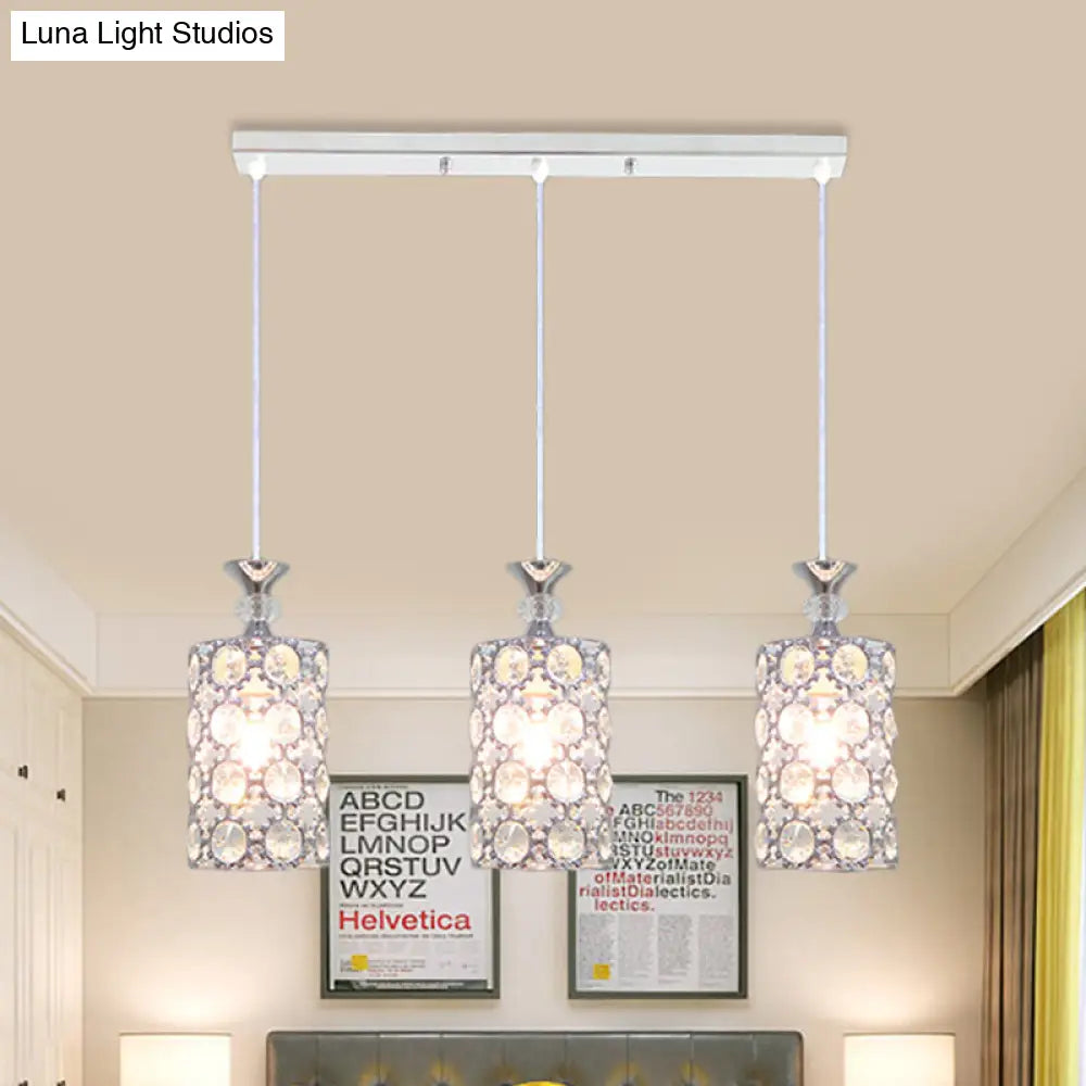 Modern Silver Cluster Pendant Ceiling Lamp With Crystal Encrusted Shade - 3 Lights For Restaurants