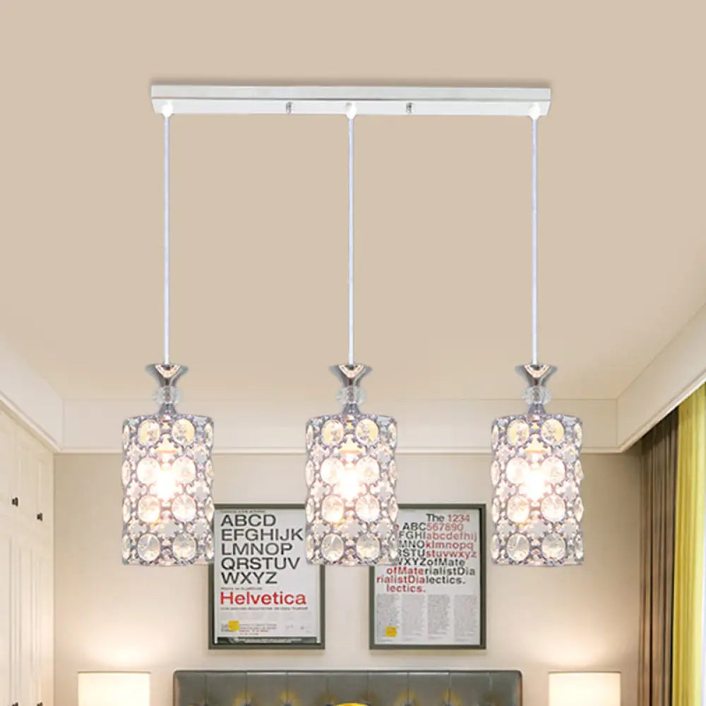 Modern Silver Cluster Pendant With Crystal Encrusted Shade - 3 Lights Restaurant Ceiling Lamp