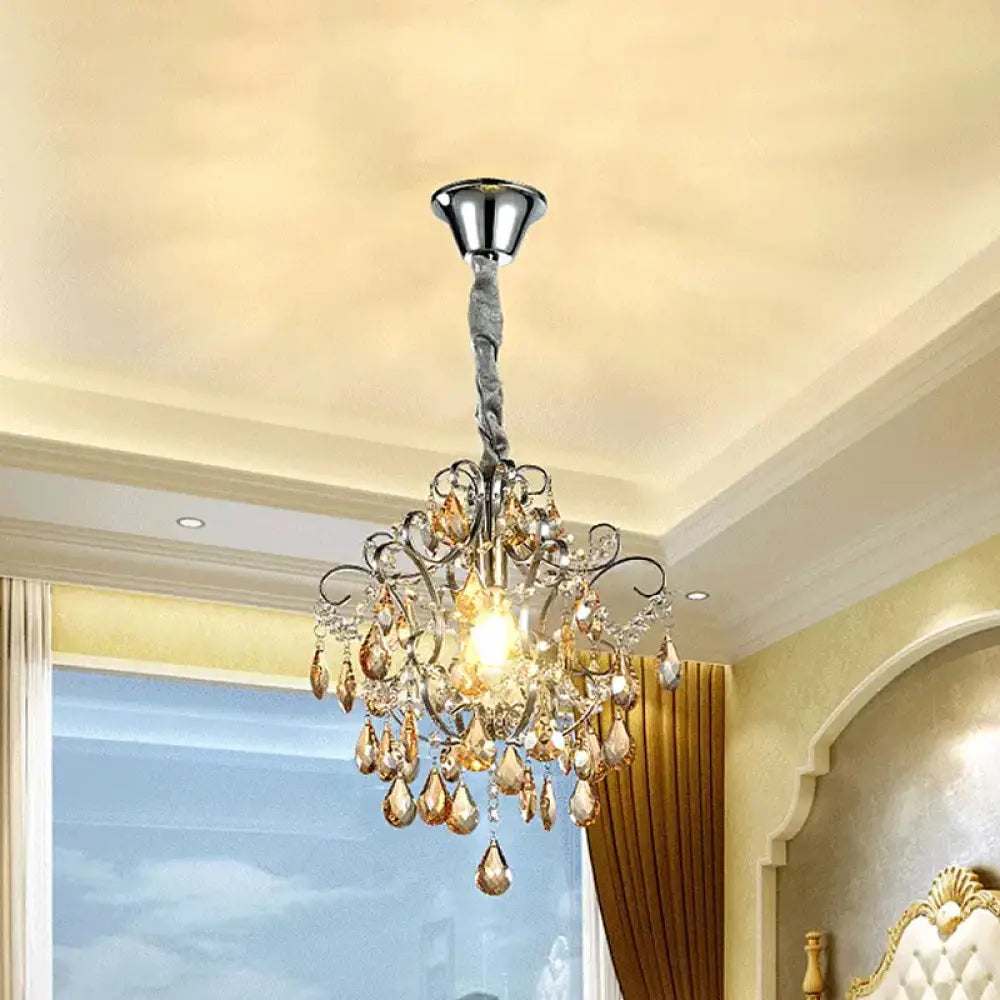 Modern Silver Crystal Teardrop Swirling Arm Pendant Light For Dining Hall