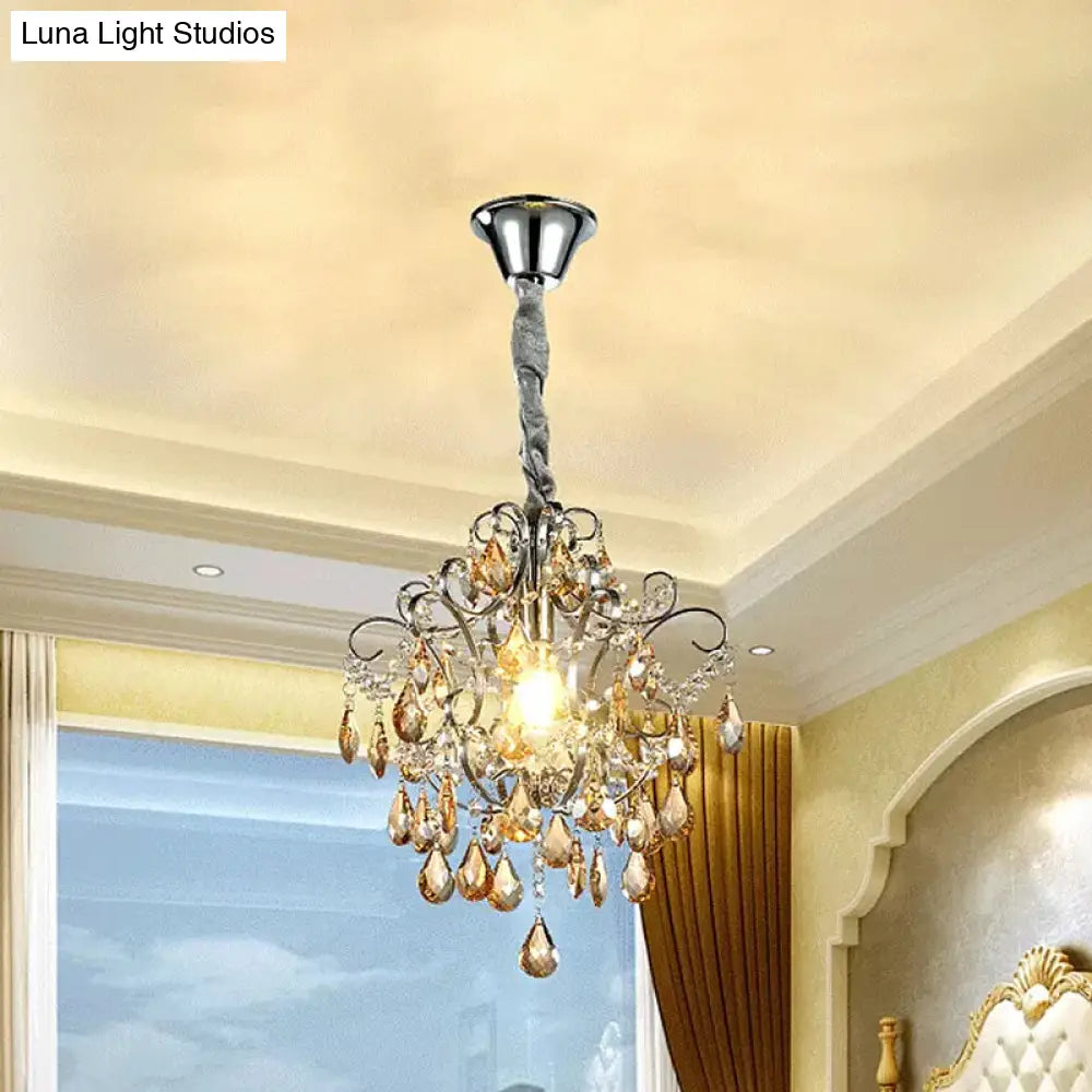Silver Crystal Teardrop Swirling Arm Hanging Pendant - Modern 1 Head Dining Hall Suspension Light