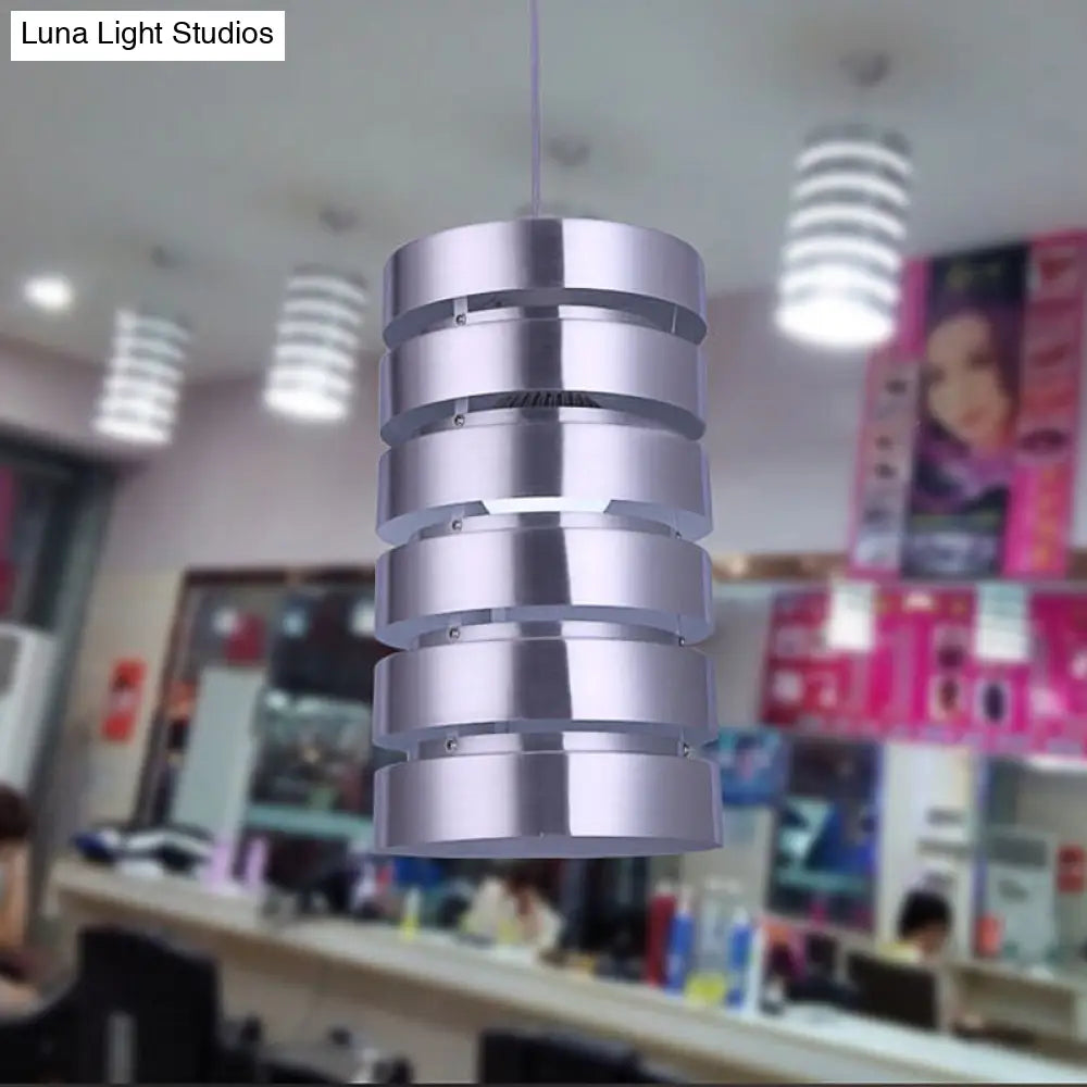 Modern Cylindrical Metal Hanging Light Kit - 1 Head Silver Pendant For Dining Room