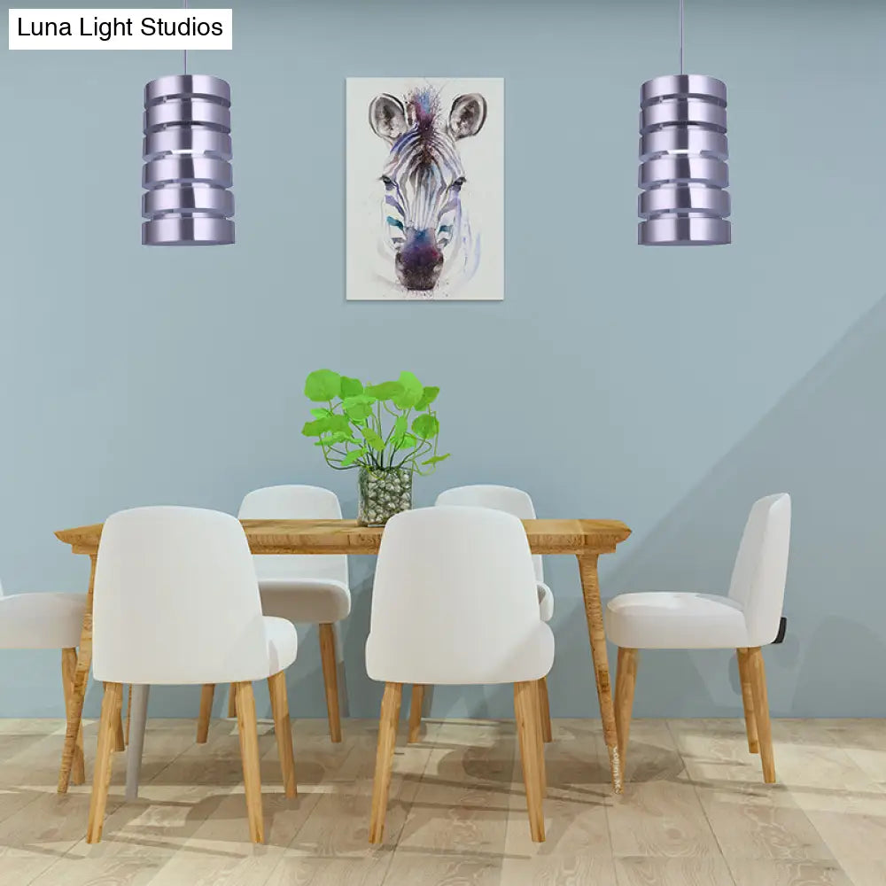 Modern Silver Cylindrical Metal Pendant Light Kit For Dining Room - 1 Head Down