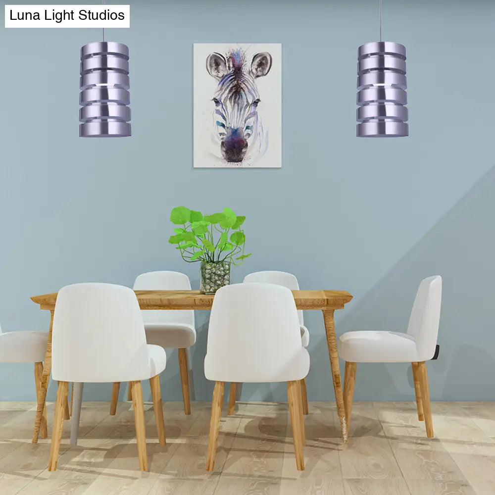 Modern Cylindrical Metal Hanging Light Kit - 1 Head Silver Pendant For Dining Room