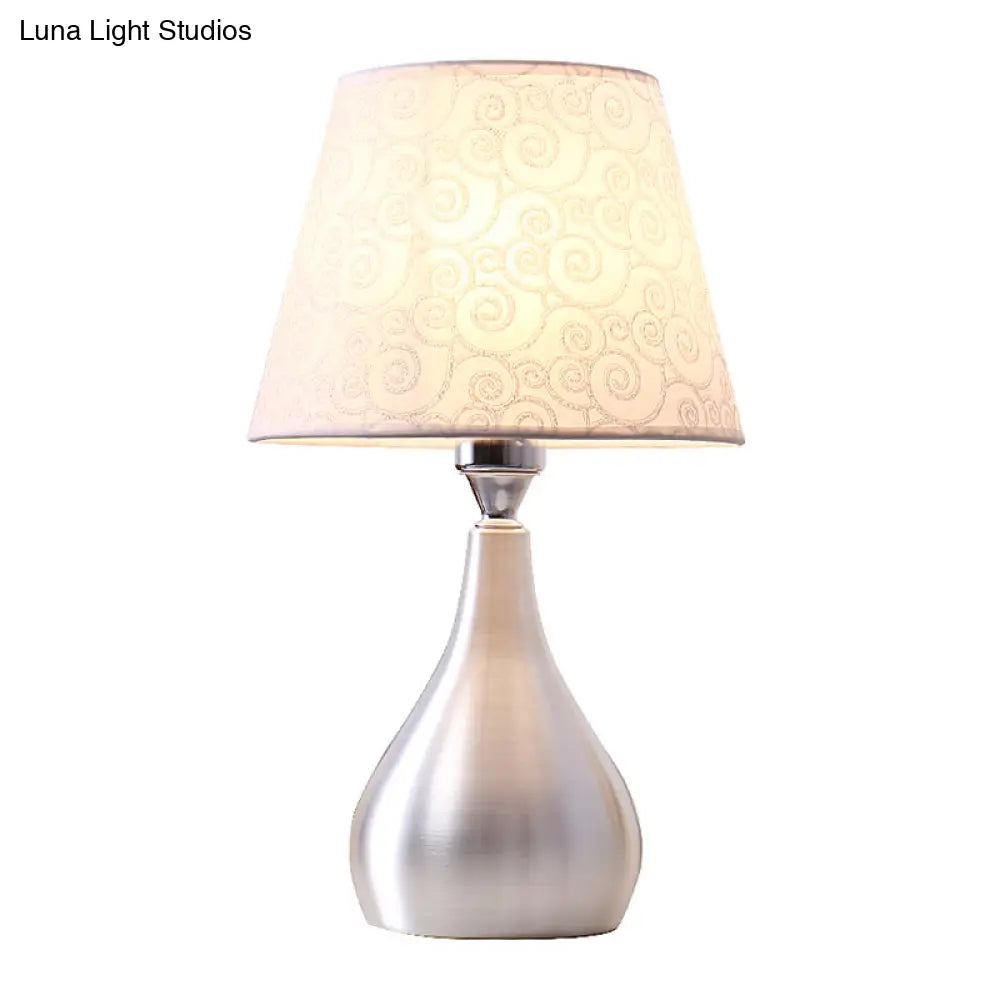 Modern Silver Drop Table Lamp: 1-Light Aluminum Night Light With Cone Fabric Shade