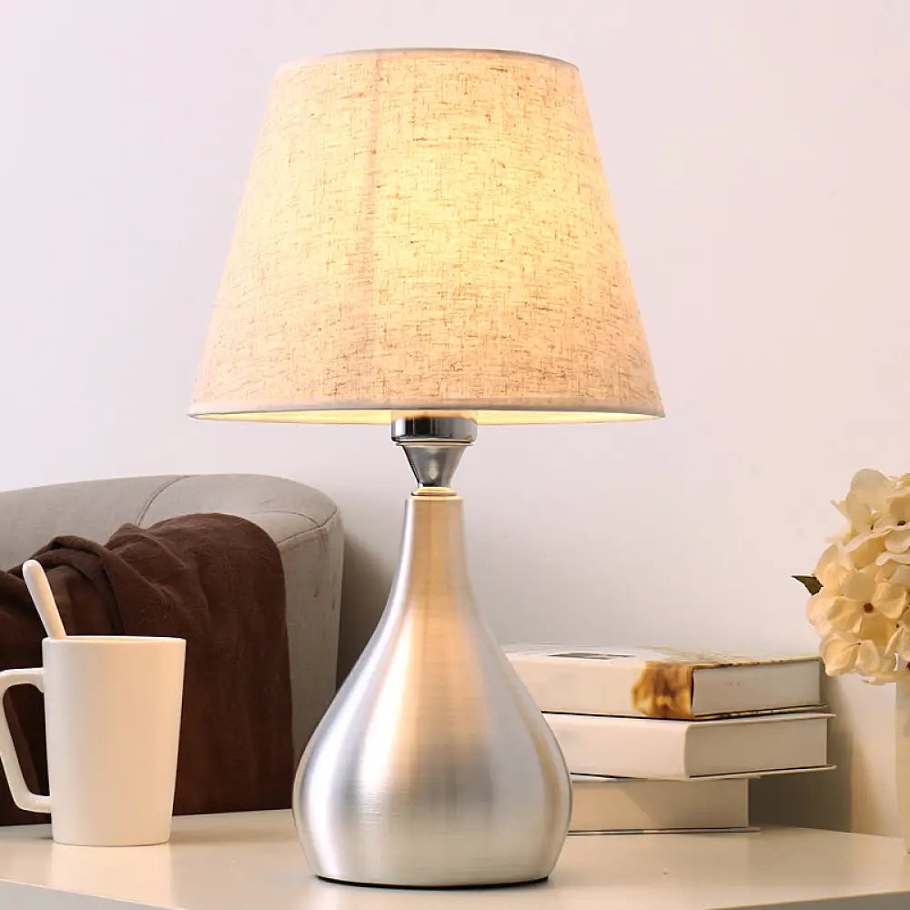 Modern Silver Drop Table Lamp: 1-Light Aluminum Night Light With Cone Fabric Shade / Regular