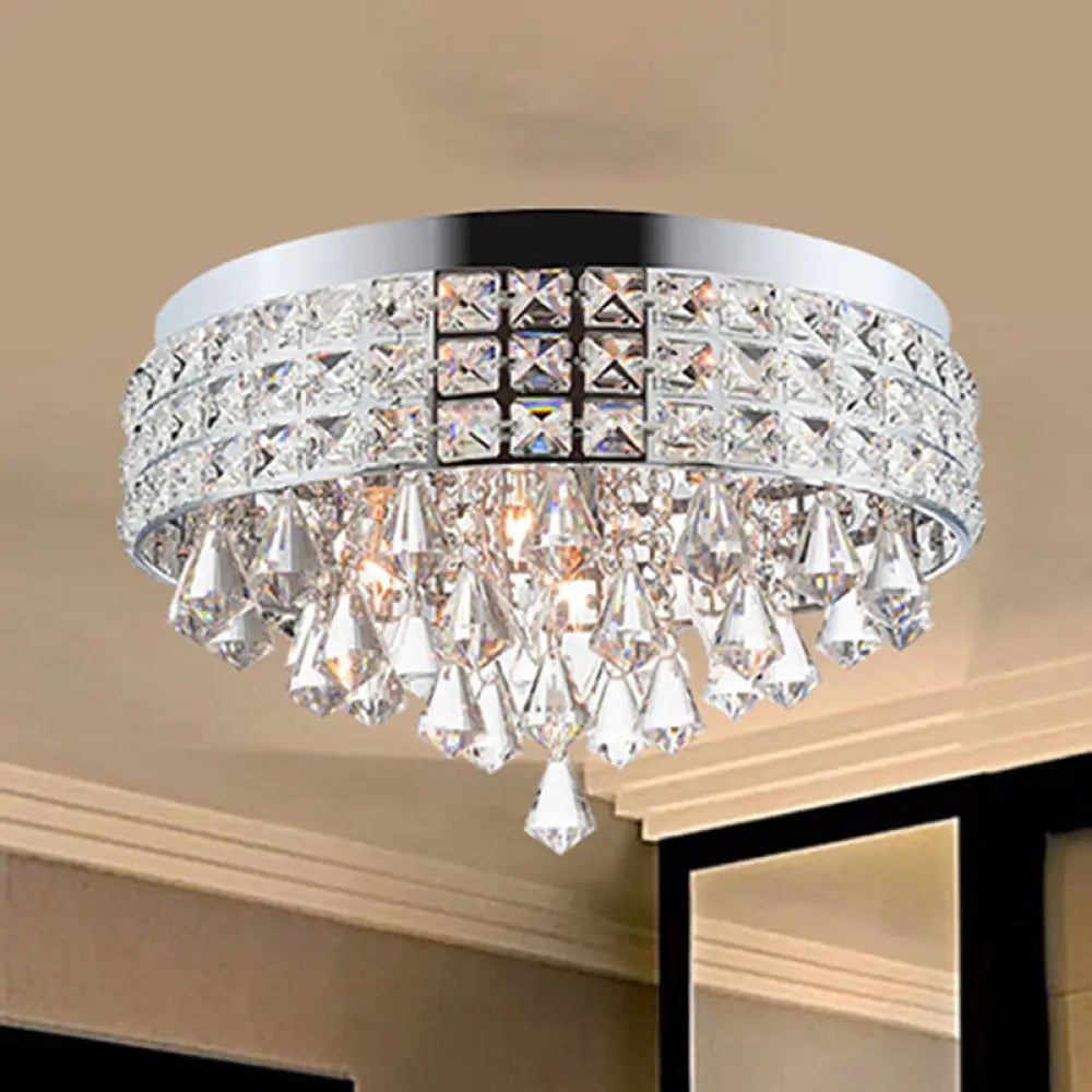 Modern Silver Drum Flush Mount Light With Crystal Accents - 4-Light Bedroom Ceiling Fixture