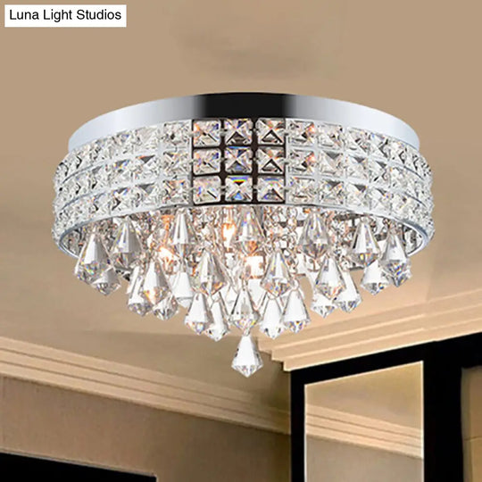 Modern Silver Drum Flush Mount Light With Crystal Accents - 4-Light Bedroom Ceiling Fixture