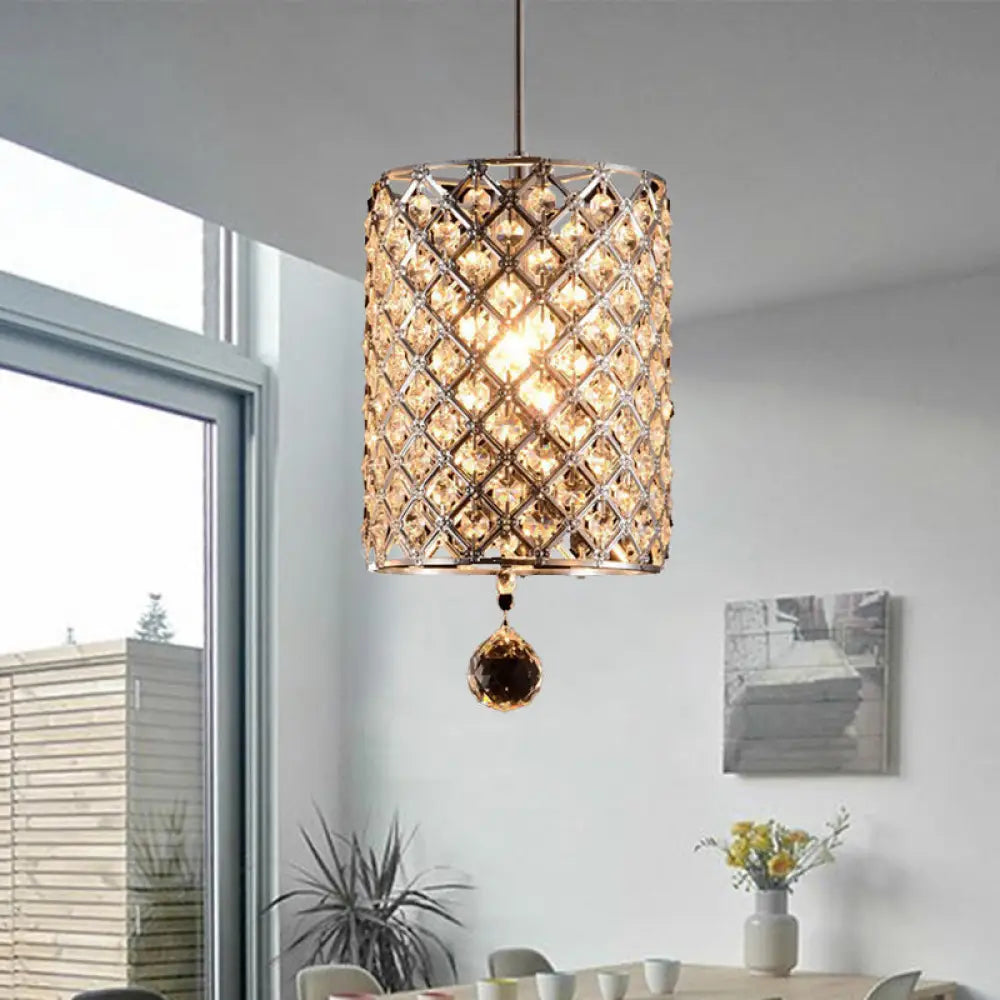 Modern Silver Faceted Crystal Pendant Ceiling Lamp - 1 Head Cylindrical Design