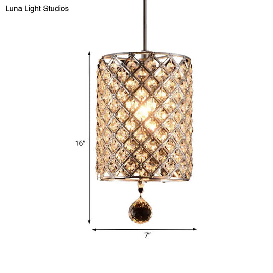 Modern Silver Crystal Finial Pendant Lamp For Living Room Ceiling With Faceted Cylindrical Design