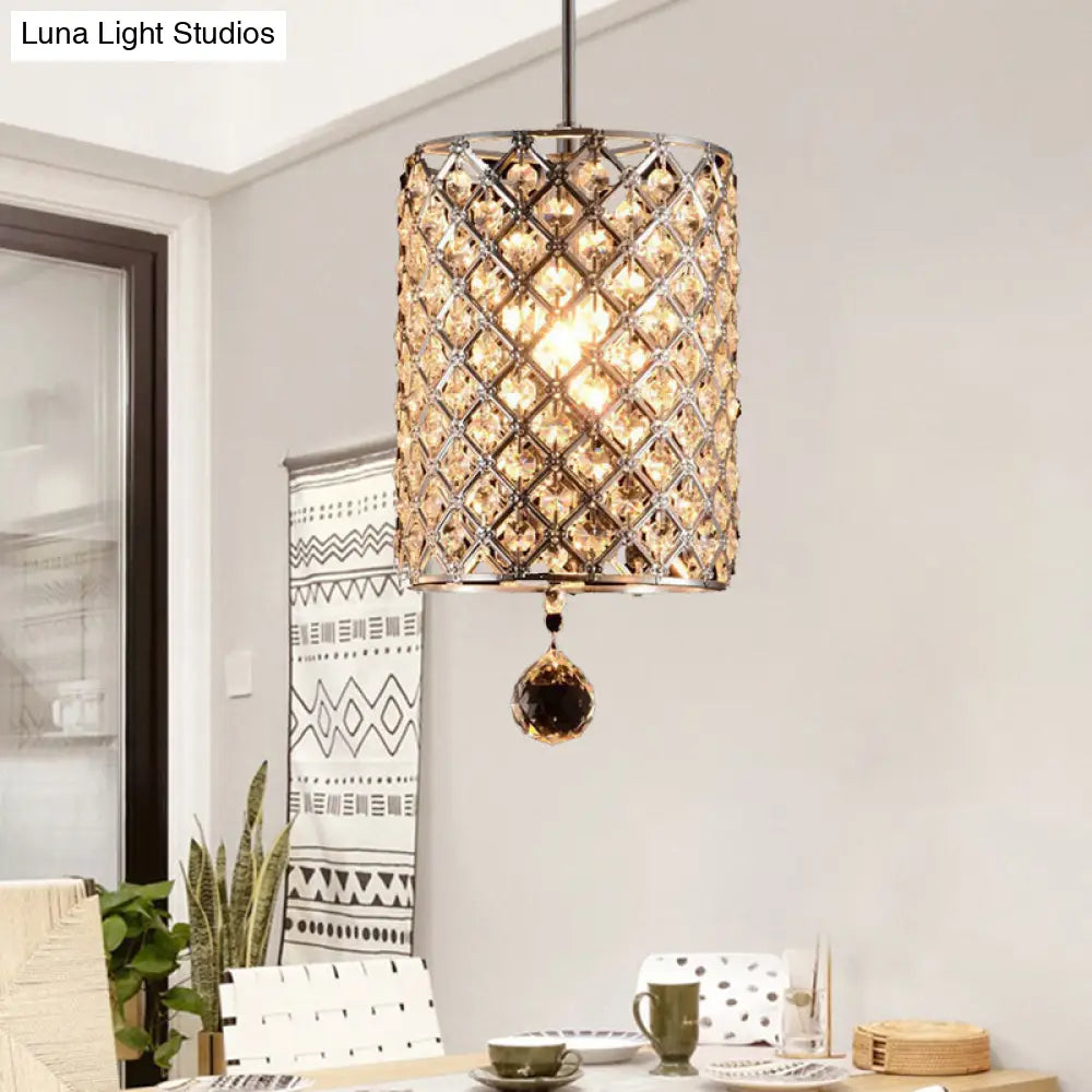 Modern Silver Crystal Finial Pendant Lamp For Living Room Ceiling With Faceted Cylindrical Design