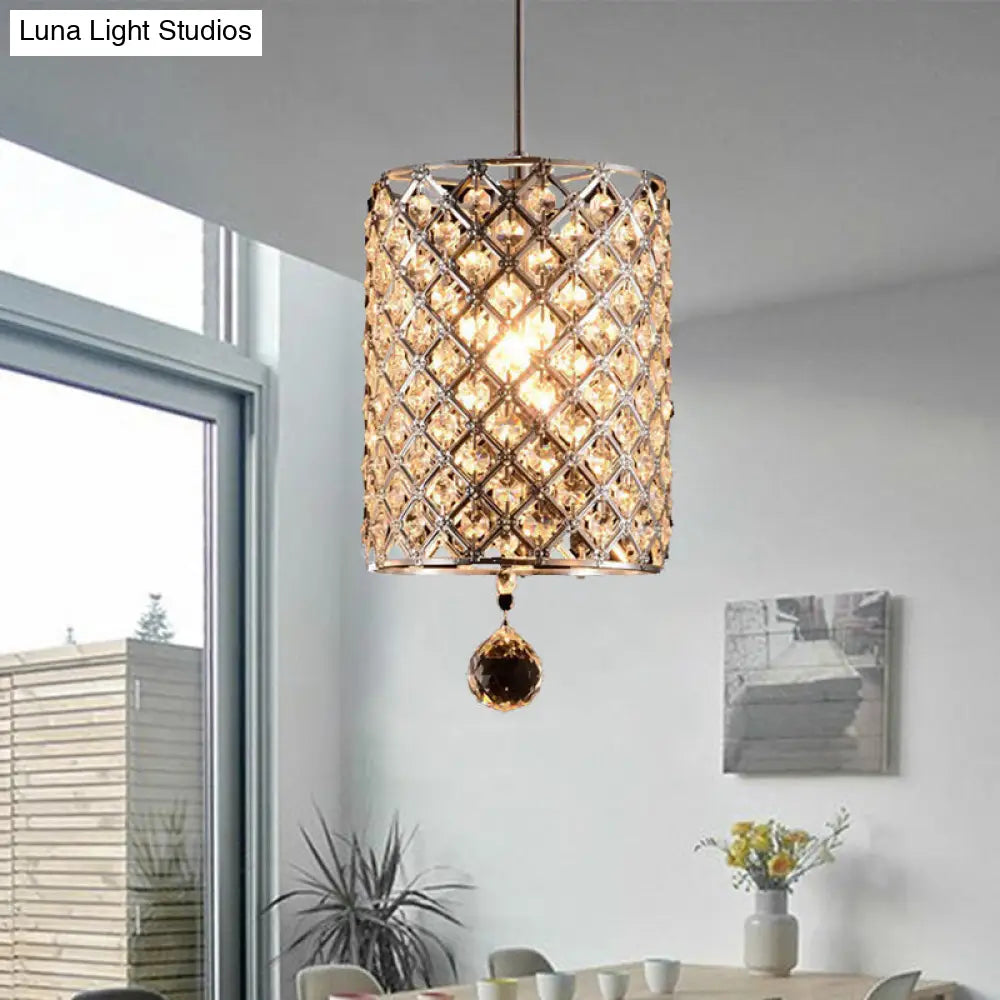 Modern Silver Crystal Finial Pendant Lamp For Living Room Ceiling With Faceted Cylindrical Design