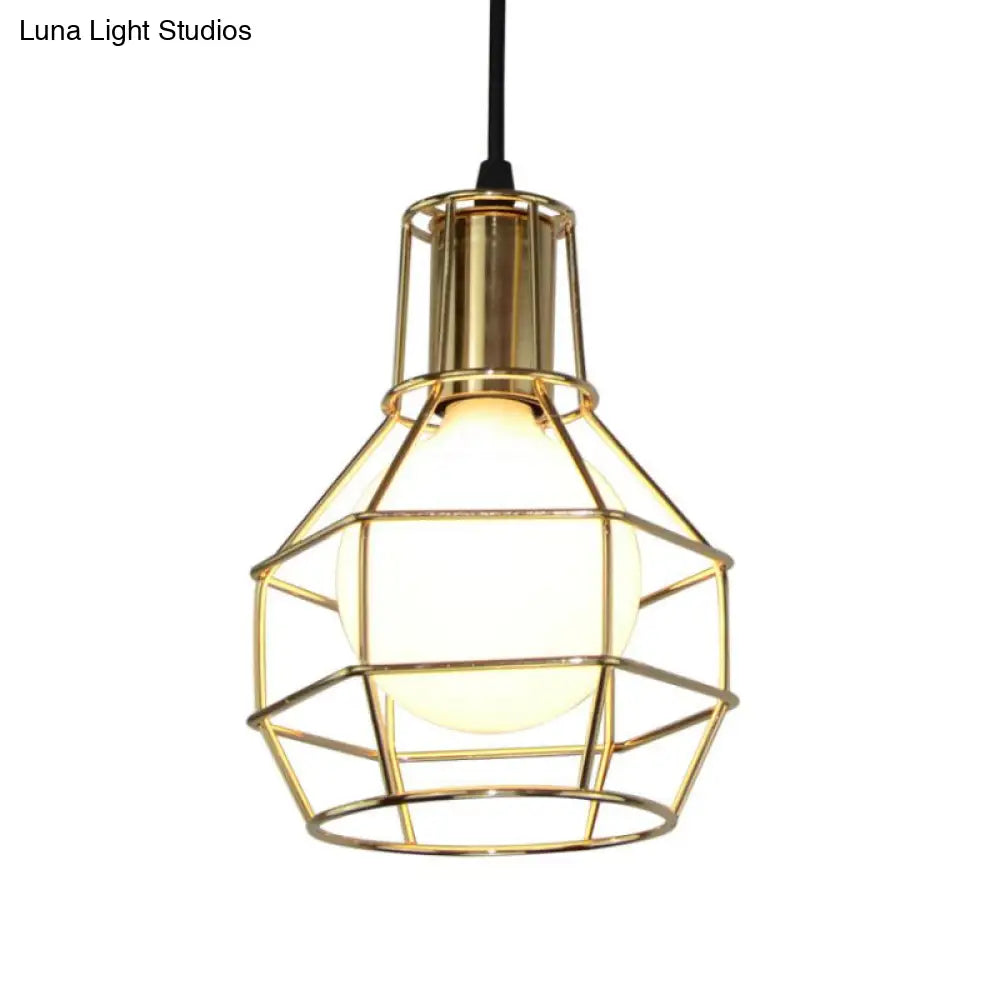 Modern Silver/Gold Metal Ceiling Fixture With Cage Shade - Stylish Loft Hanging Lamp For Coffee