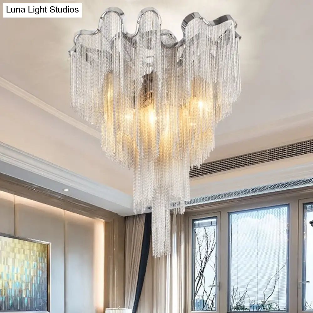 Modern Silver Metal Chain Draped Flush Mount Ceiling Light Fixture For Living Room With 6 Lights
