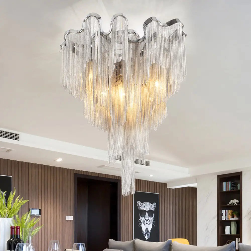 Modern Silver Metal Chain Draped Flush Mount Ceiling Light Fixture For Living Room With 6 Lights