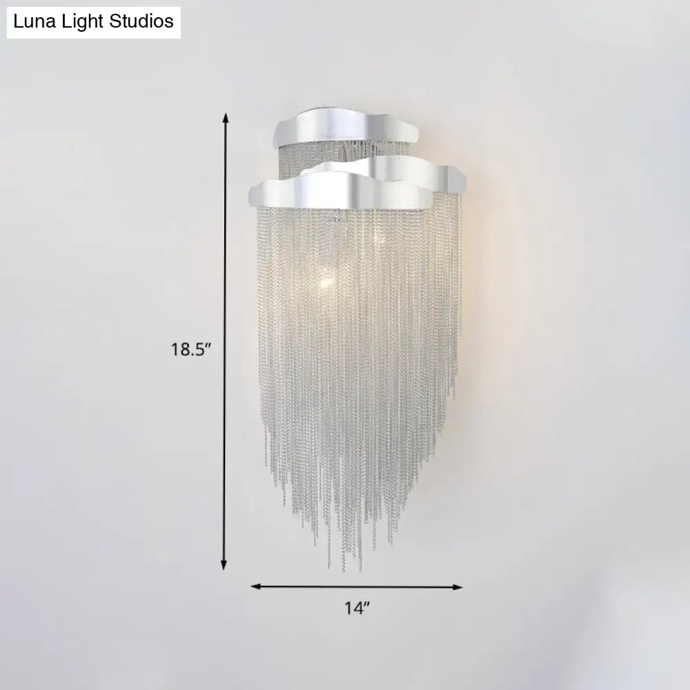 Modern Silver Metal Chain Wall Light Fixture With 3 Sconce Lights For Bedroom