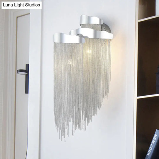 Modern Silver Metal Chain Wall Light Fixture With 3 Sconce Lights For Bedroom