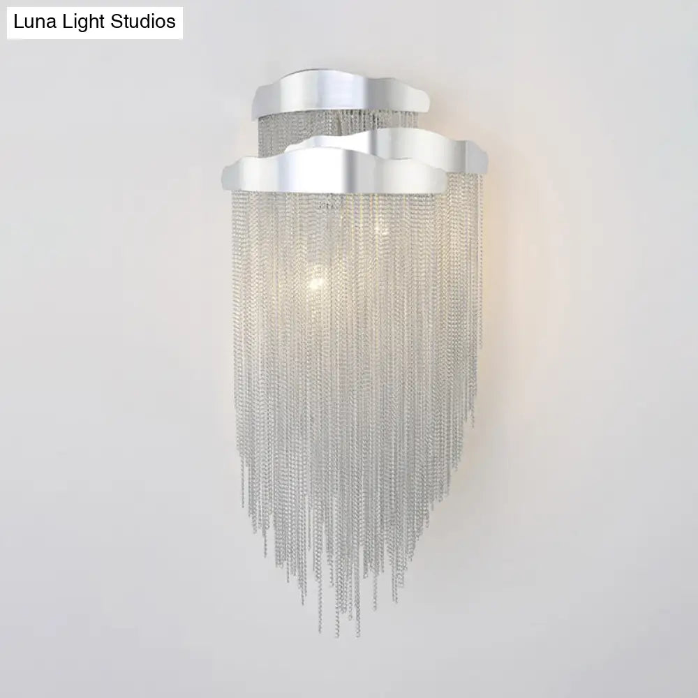 Modern Silver Metal Chain Wall Light Fixture With 3 Sconce Lights For Bedroom