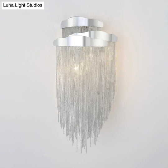 Modern Silver Metal Chain Wall Light Fixture With 3 Sconce Lights For Bedroom