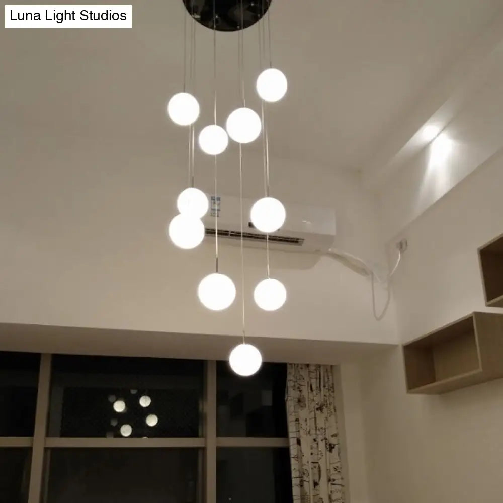 10-Head Silver Pendant Lamp: Contemporary Meteor Shower Cluster With White Glass Shades