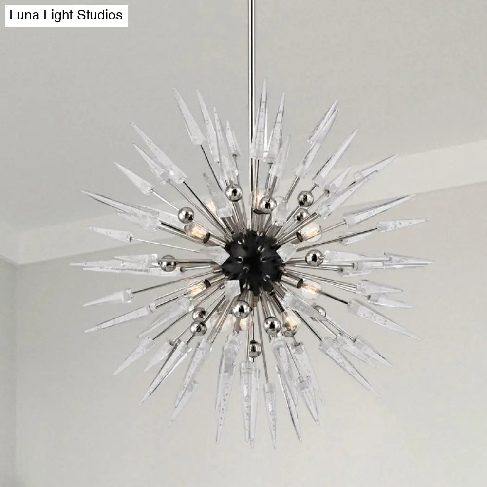 Modern Silver Starburst Chandelier With 9 Clear Crystal Lights - Perfect For Restaurants