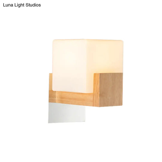 Modern Single Cube Bedside Wall Sconce Lamp With White Glass Shade And Wooden Backplate - Stylish