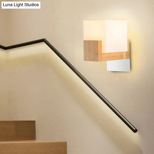 Modern Single Cube Bedside Wall Sconce Lamp With White Glass Shade And Wooden Backplate - Stylish