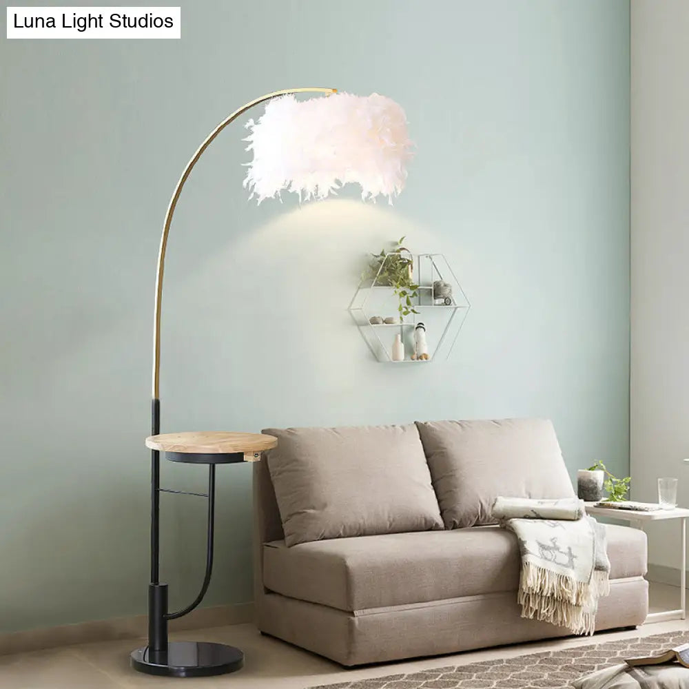 Modern Single Gold And Black Standing Lamp: Fishing Rod Style With White Feather Drum Shade