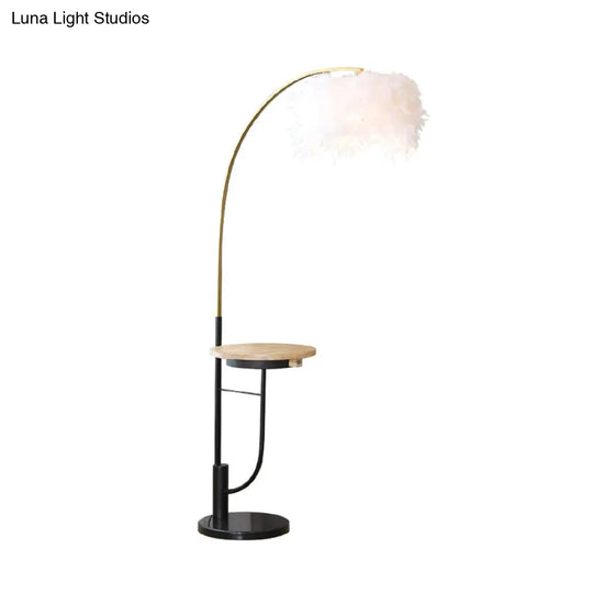 Modern Single Gold And Black Standing Lamp: Fishing Rod Style With White Feather Drum Shade