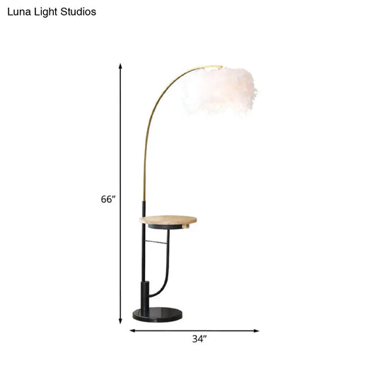 Modern Single Gold And Black Standing Lamp: Fishing Rod Style With White Feather Drum Shade