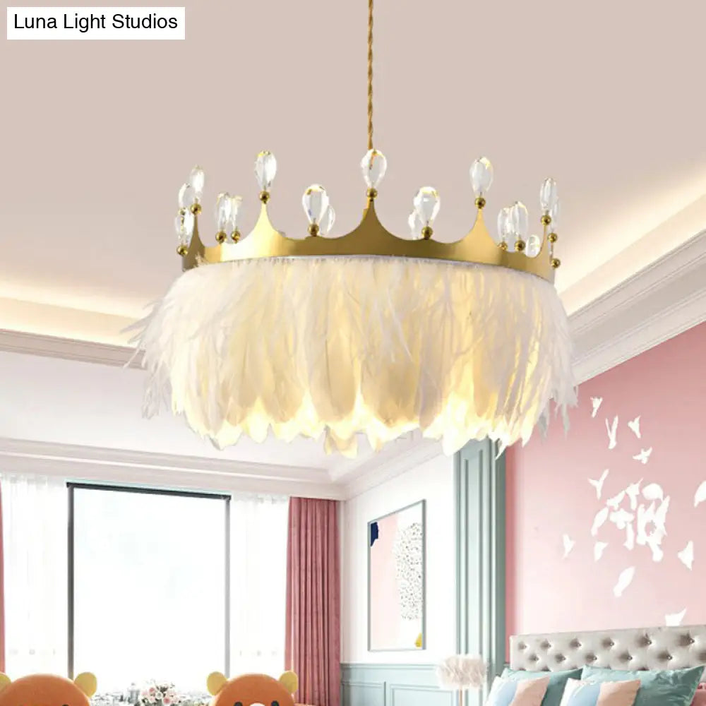 Modern Gold Pendant Light With Crystal And Feather Accents / 14