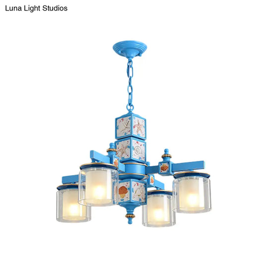 Modern Sky Blue Dual Cylinder Chandelier With Nordic Design - 4 Bulbs Clear And Opal Glass Down