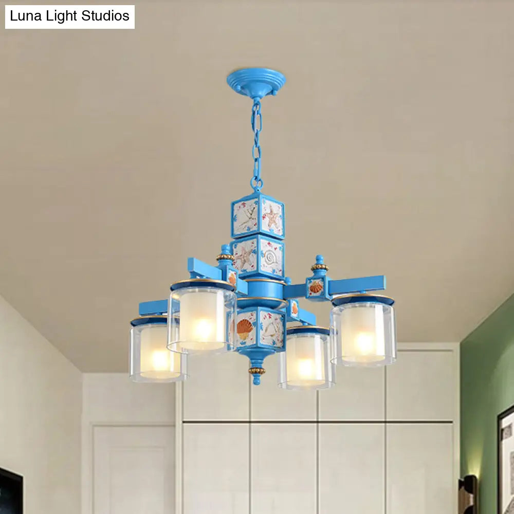 Modern Sky Blue Dual Cylinder Chandelier With Nordic Design - 4 Bulbs Clear And Opal Glass Down