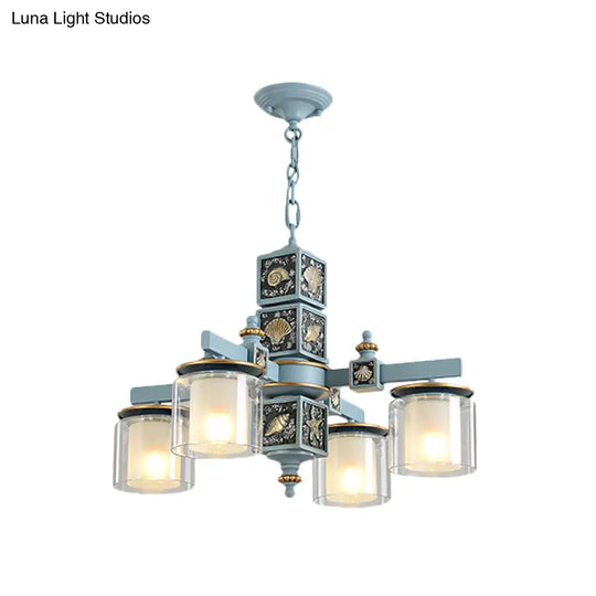 Modern Sky Blue Dual Cylinder Chandelier With Nordic Design - 4 Bulbs Clear And Opal Glass Down