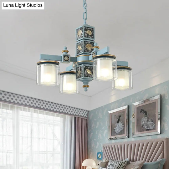 Modern Sky Blue Dual Cylinder Chandelier With Nordic Design - 4 Bulbs Clear And Opal Glass Down