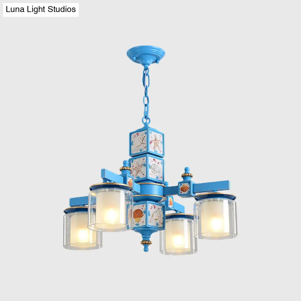 Modern Sky Blue Dual Cylinder Chandelier With Nordic Design - 4 Bulbs Clear And Opal Glass Down