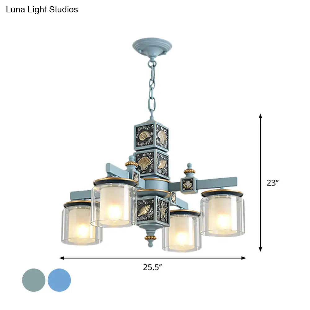 Modern Sky Blue Dual Cylinder Chandelier With Nordic Design - 4 Bulbs Clear And Opal Glass Down